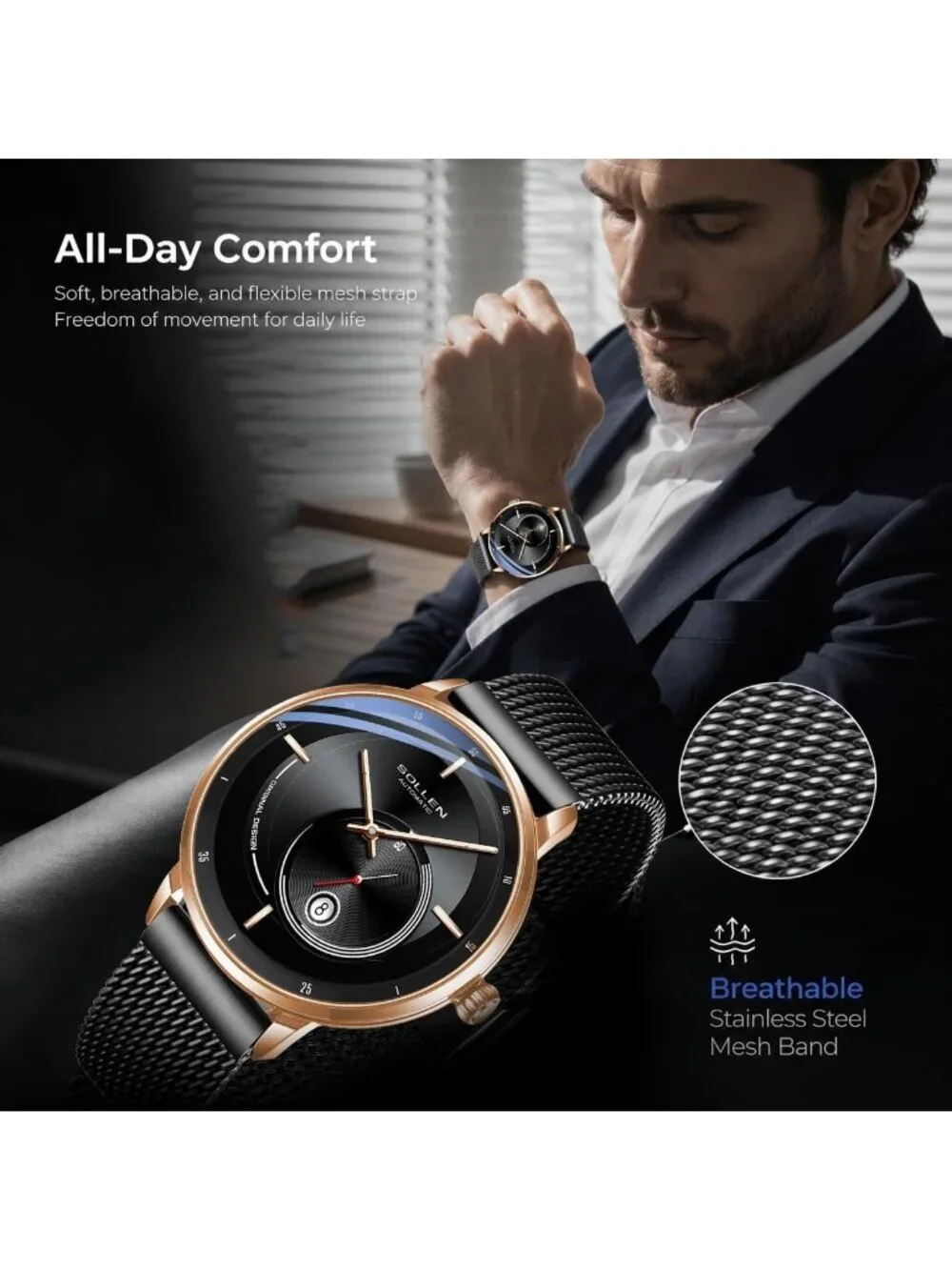 Men's Gold Automatic Mechanical Minimalist Dial Stainless Steel Luxury Watch